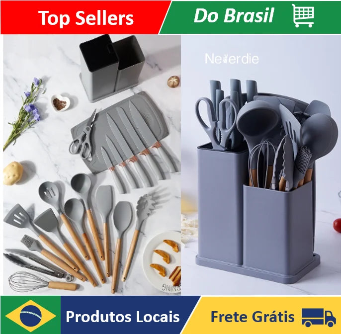Full Set Kitchen Utensils Luxury 19 Pieces With Tablet Silicone Spatula Knife Scissors-Neverdie Store