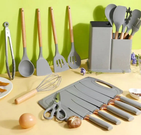 Full Set Kitchen Utensils Luxury 19 Pieces With Tablet Silicone Spatula Knife Scissors-Neverdie Store