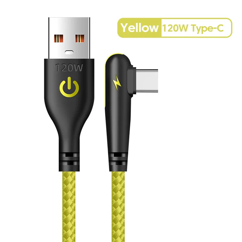 120W USB To Type-C Cable 90 Degree Elbow Mobile Phone Fast Charging For Huawei Mate 40 30 Xiaomi Samsung Phone Charging Cord