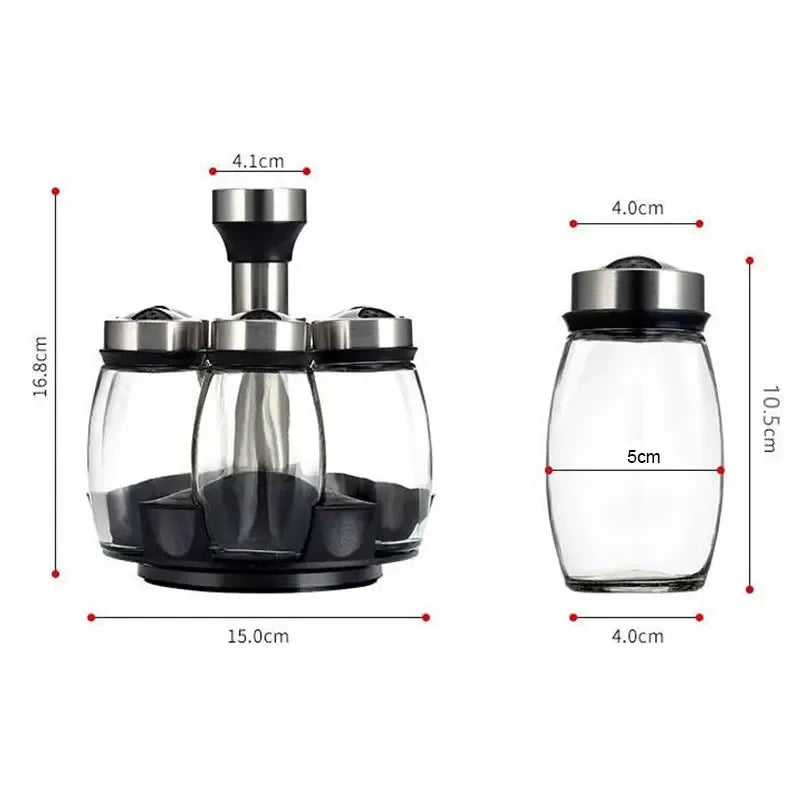 Kitchen Rotating Spice Bottle Set Glass Material Seasoning Salt Sugar Pepper Seasoning Storage Bottle Kitchen Spice Rack