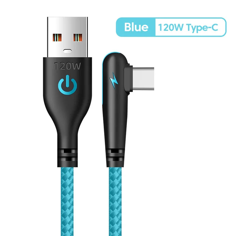 120W USB To Type-C Cable 90 Degree Elbow Mobile Phone Fast Charging For Huawei Mate 40 30 Xiaomi Samsung Phone Charging Cord