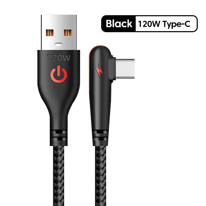120W USB To Type-C Cable 90 Degree Elbow Mobile Phone Fast Charging For Huawei Mate 40 30 Xiaomi Samsung Phone Charging Cord